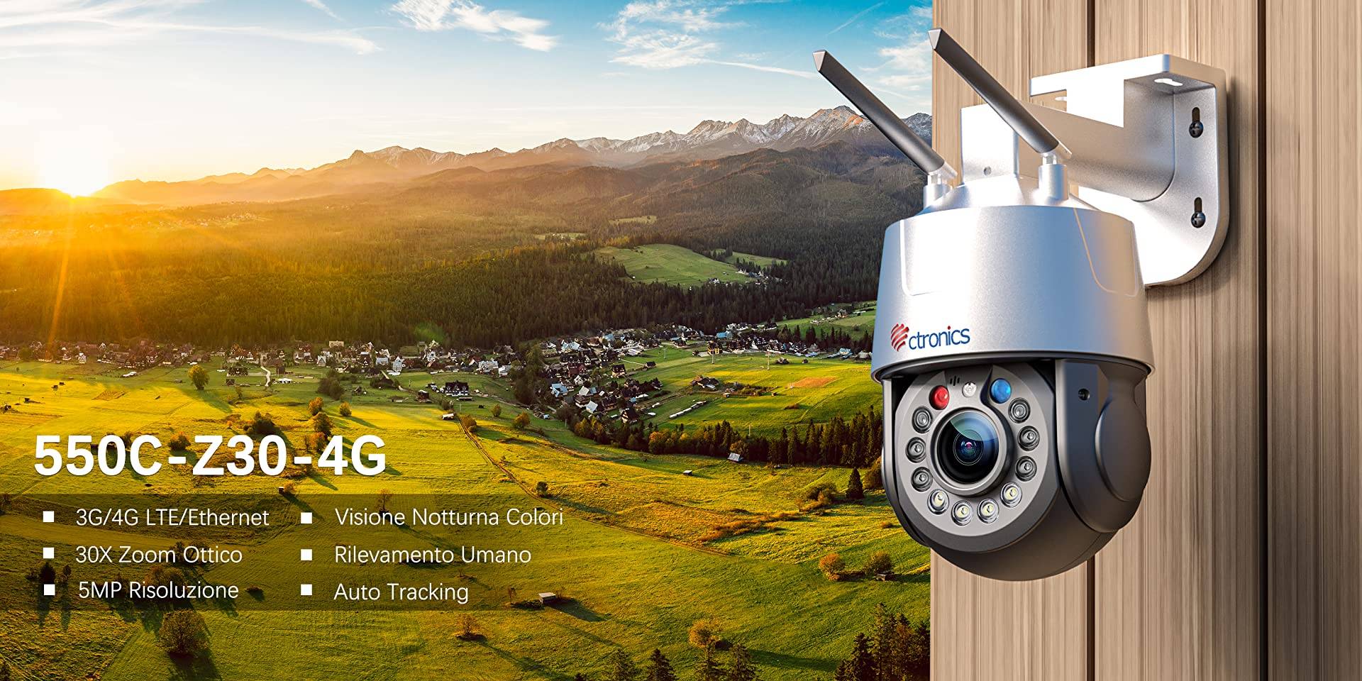 Caméra 4G Extérieur Ctronics - Double Objectif, Panneau Solaire 8W - Sans Wi-Fi